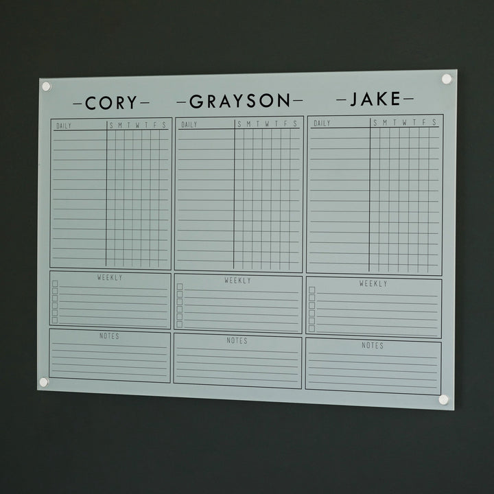 3 Person Frosted Acrylic Chore Chart | Horizontal Craig
