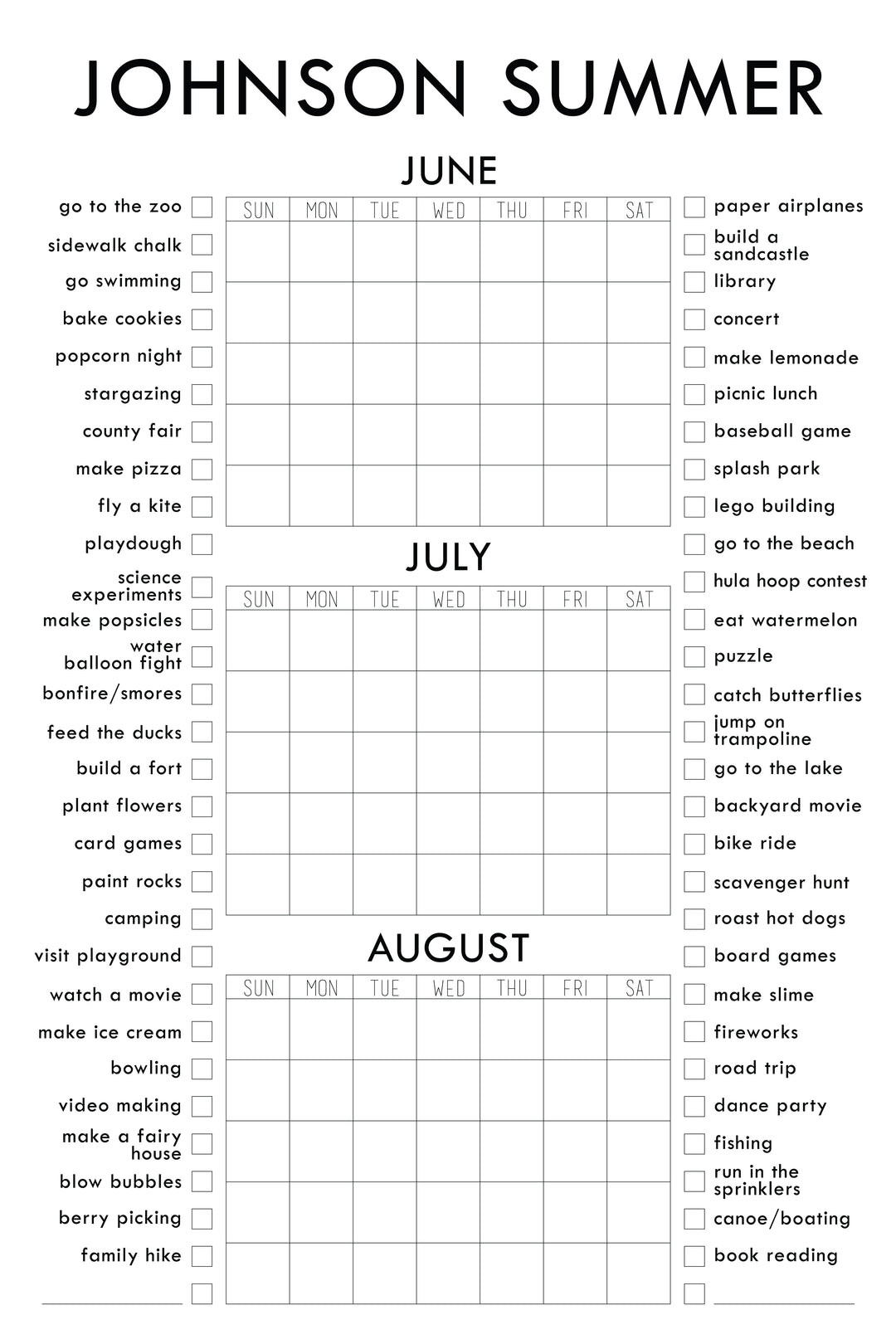 Giant Coloring Calendar Summer Bucket List Personalized Calendar
