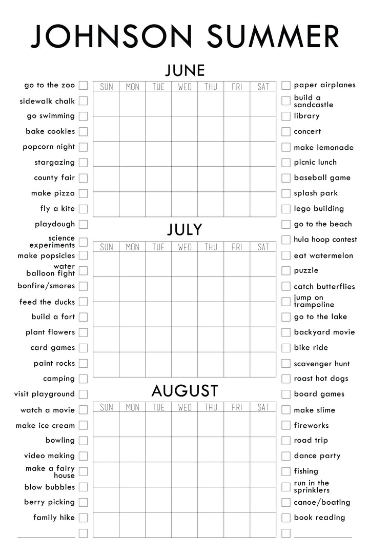 Giant Coloring Calendar Summer Bucket List Personalized Calendar