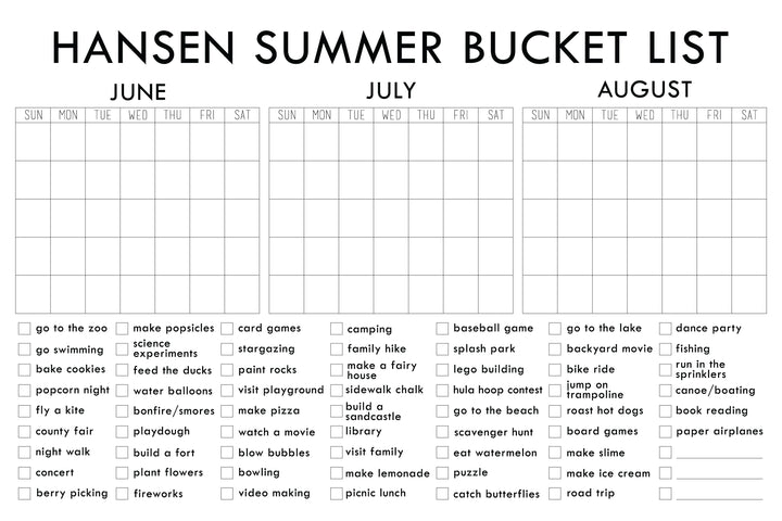 Giant Coloring Calendar Summer Bucket List Personalized Calendar
