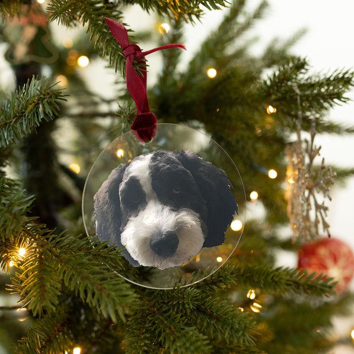 A dog ornament hanging on a Christmas tree with a dark red ribbon. The dog's face is printed on a 4x4" acrylic circle.
