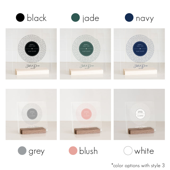 An image featuring the six different colors available for this acrylic wedding gift. Black, blush, navy, grey, jade, and white.