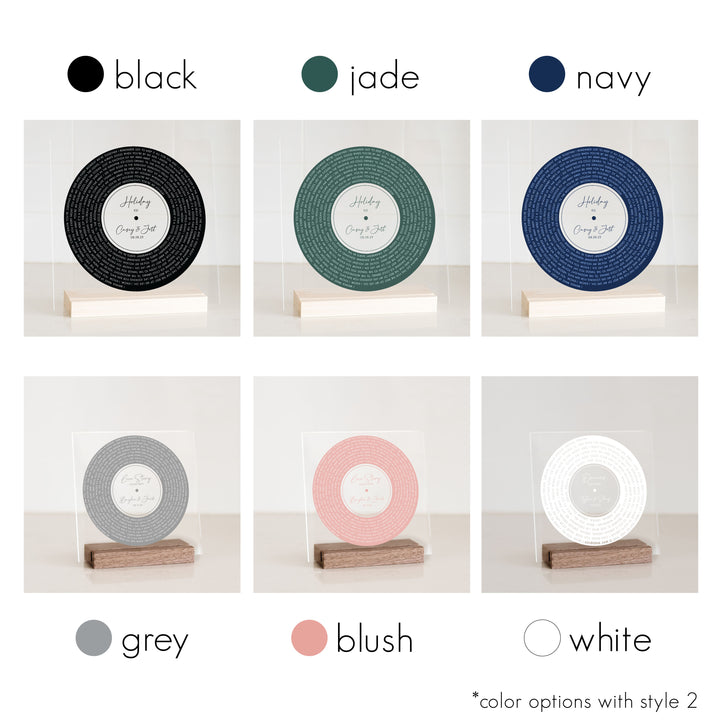 6 color options of the record design. Black, jade, navy, grey, blush, and white.