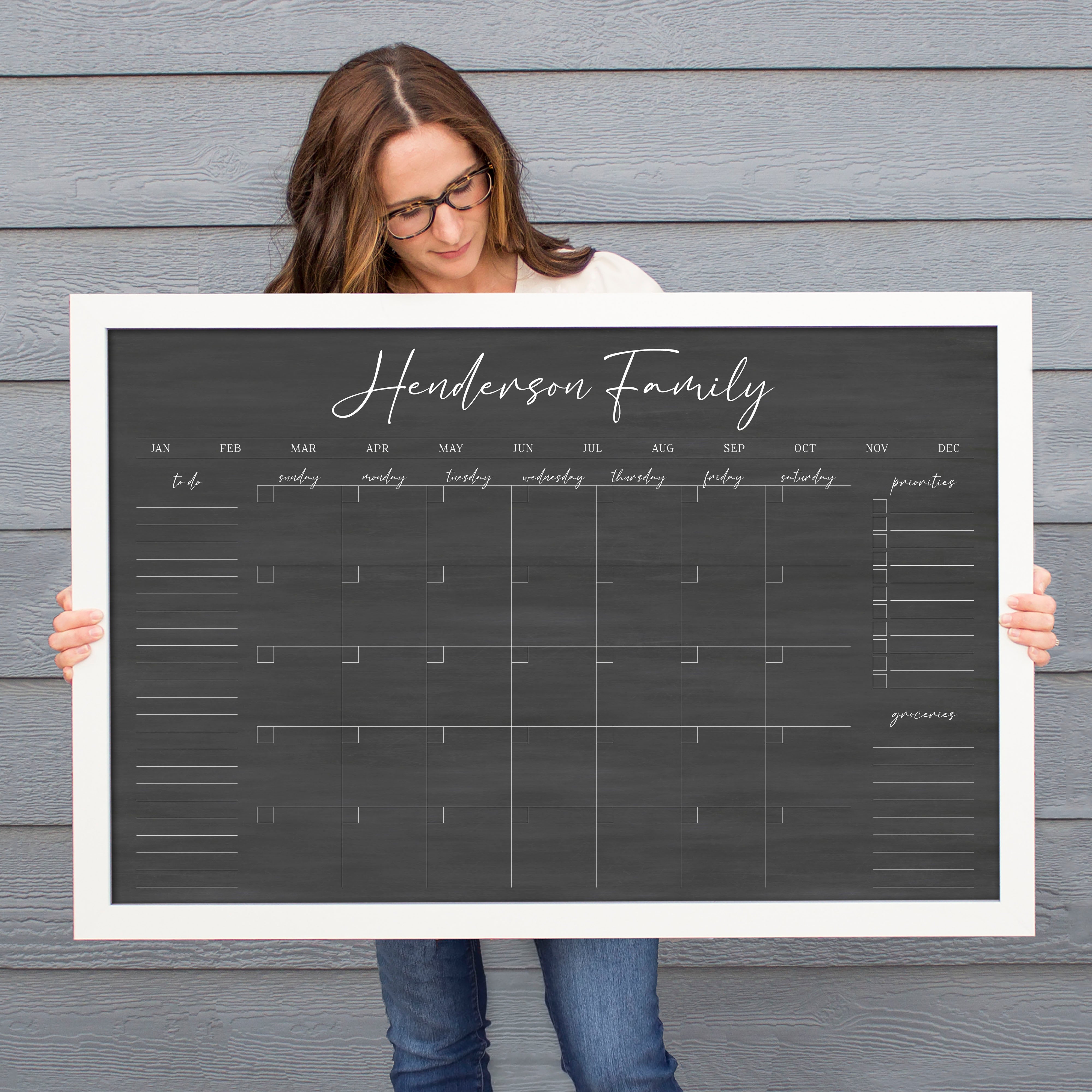 Monthly Framed Chalkboard Calendar + 3 sections | Horizontal Pennington