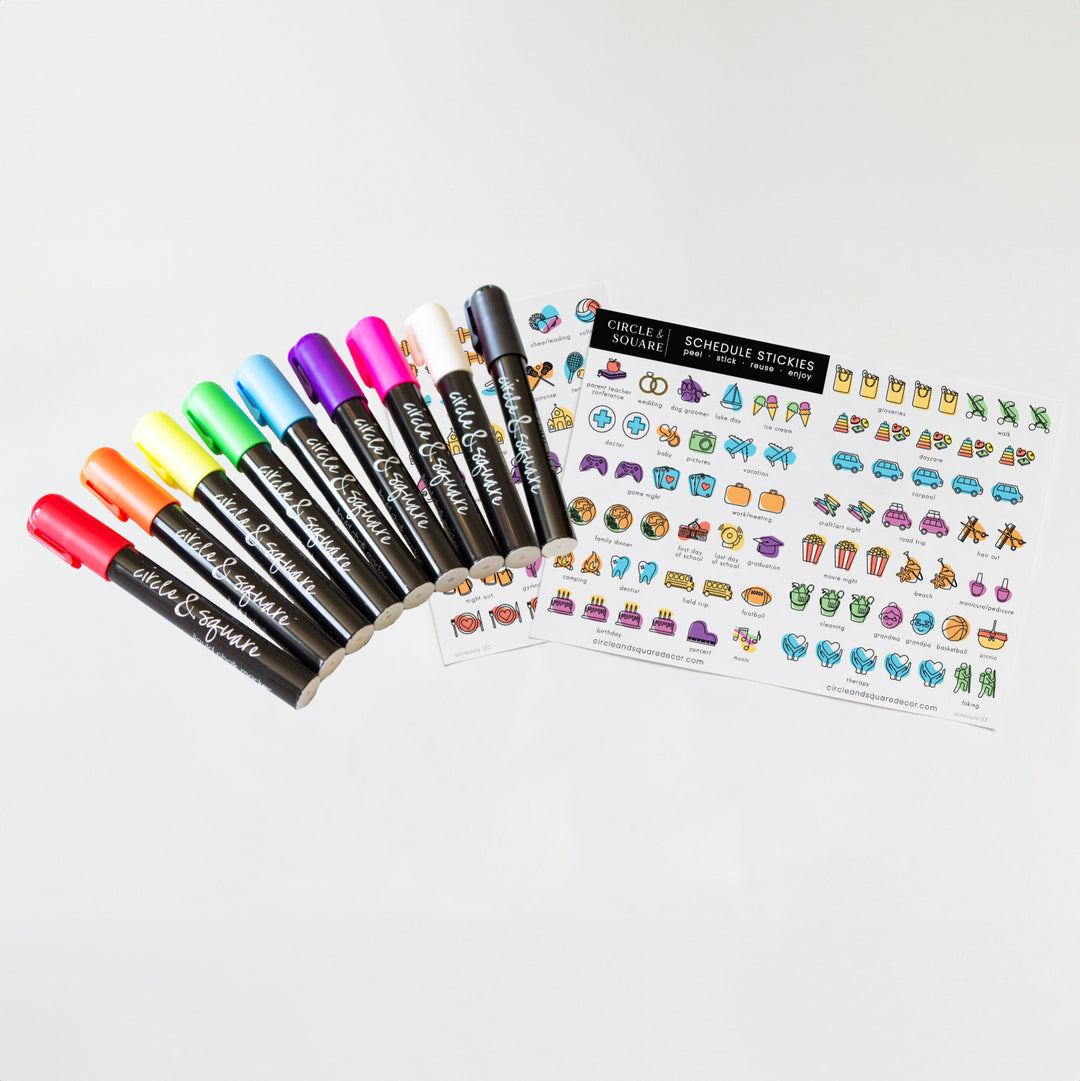 9 chalk markers and two sheets of reusable schedule stickers