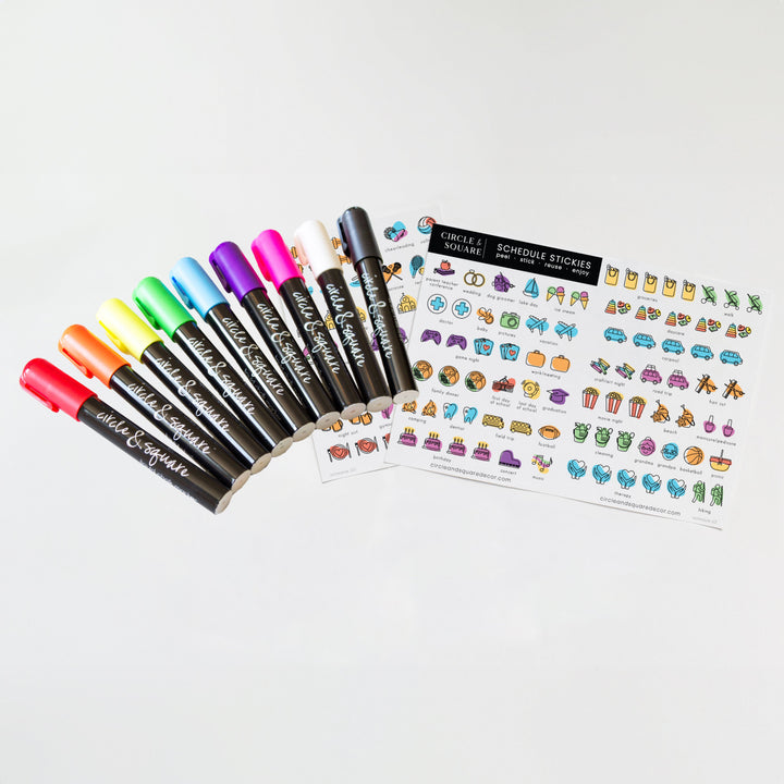 9 chalk markers and two sheets of reusable schedule stickers