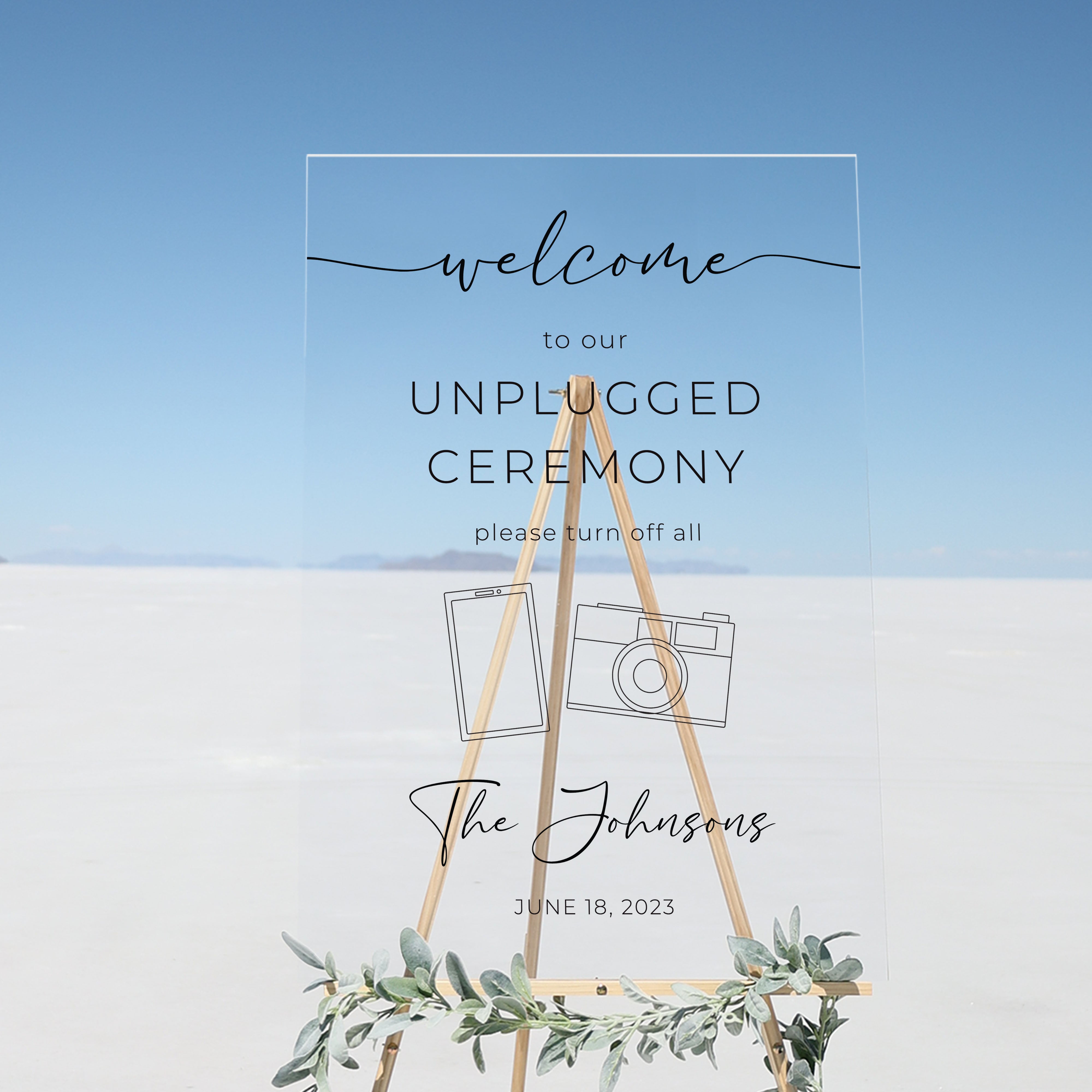 Clear Acrylic Unplugged Ceremony Sign | Vertical Olivia