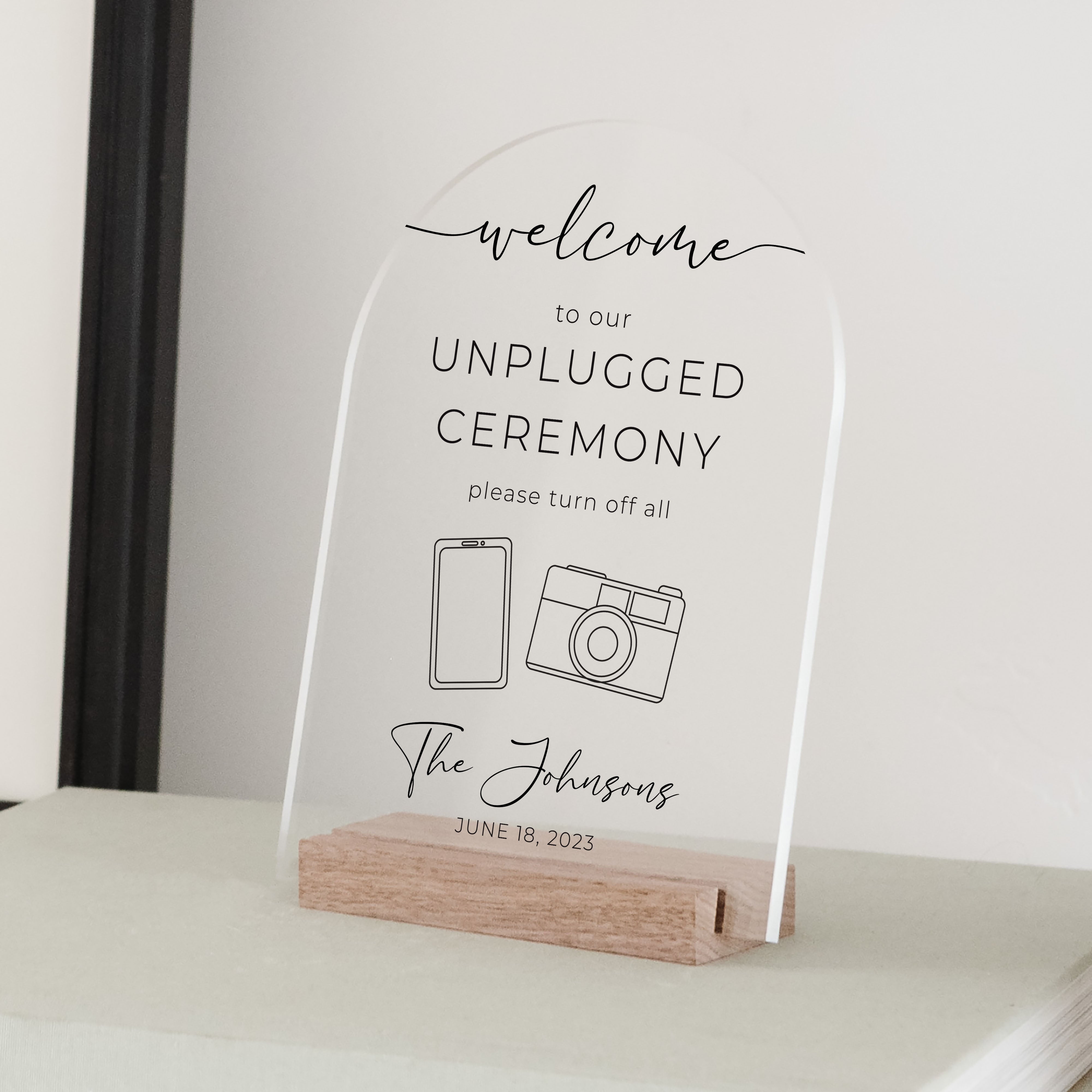 Clear Acrylic Unplugged Ceremony Sign | Vertical Olivia