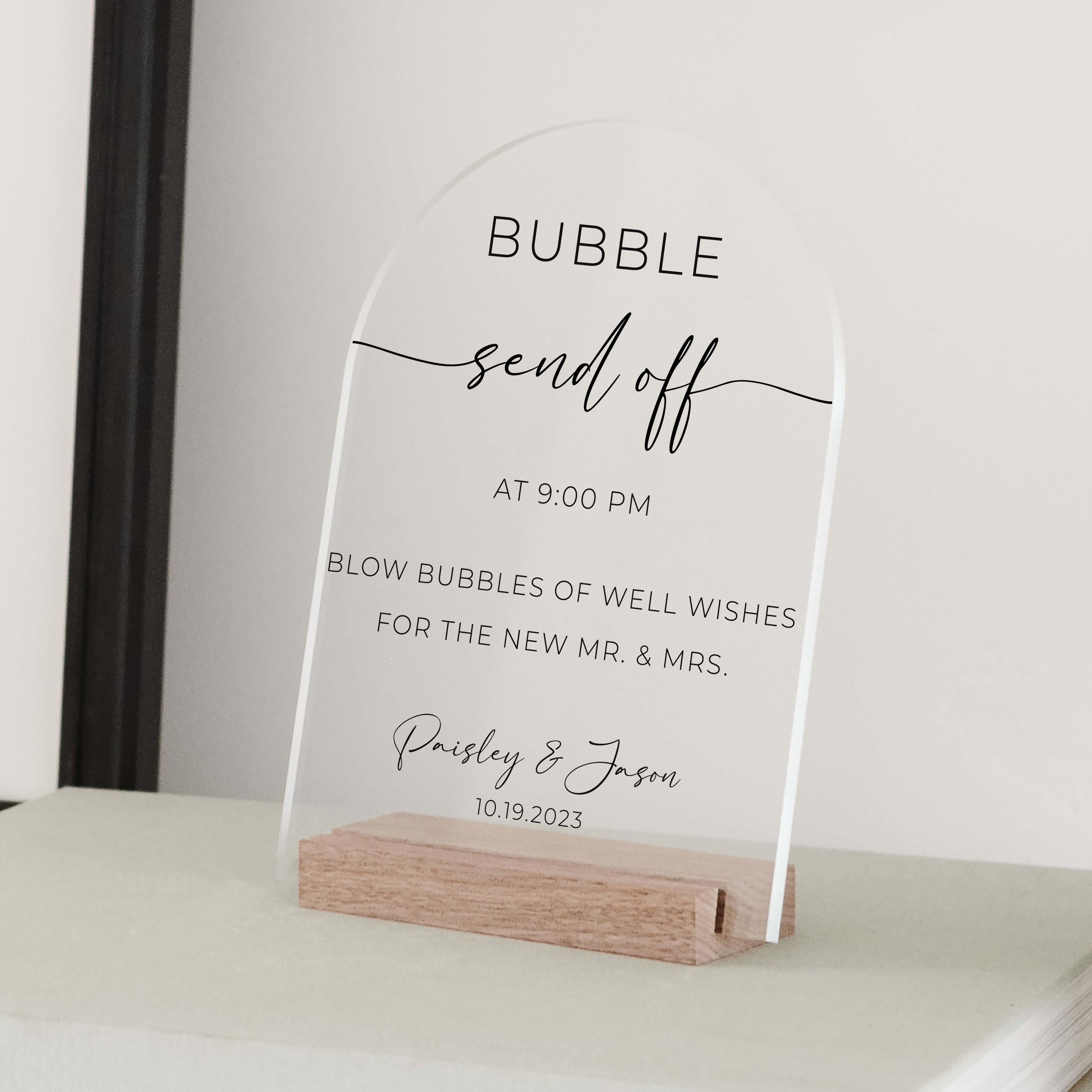 Clear Acrylic Bubble Send Off Sign | Vertical Olivia
