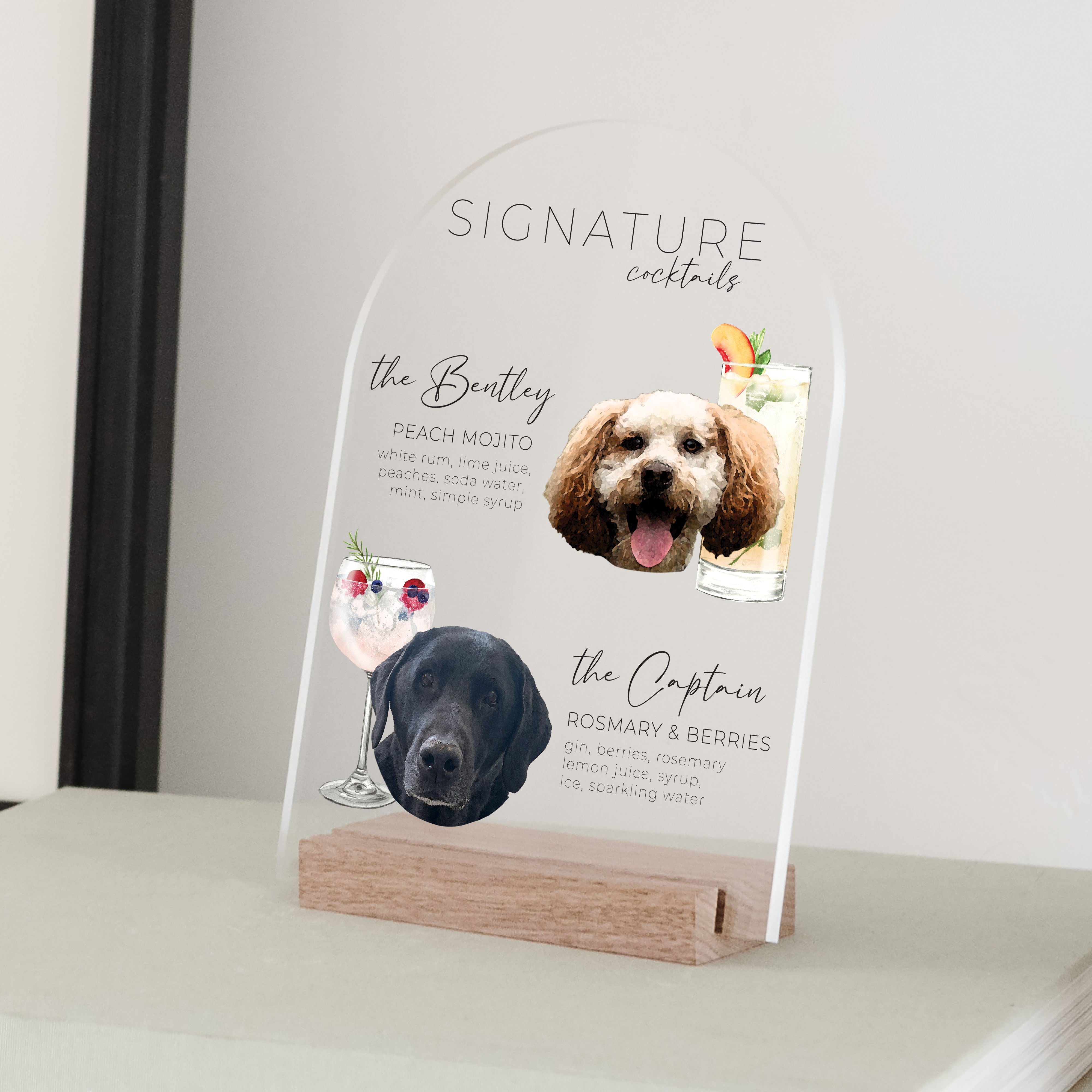 Clear Acrylic Dog Signature Drink Sign | Vertical Olivia