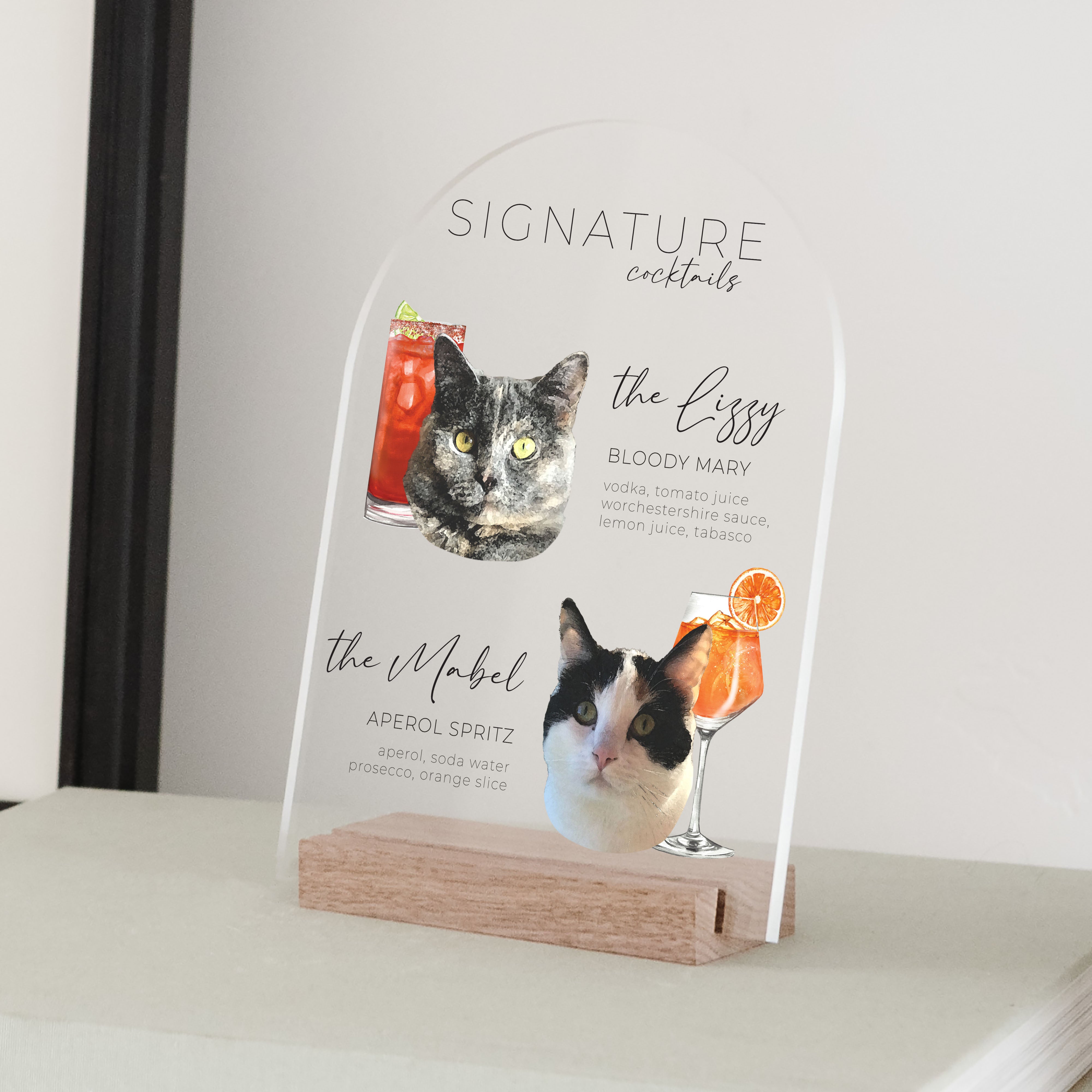 Clear Acrylic Cat Signature Drink Sign | Vertical Olivia