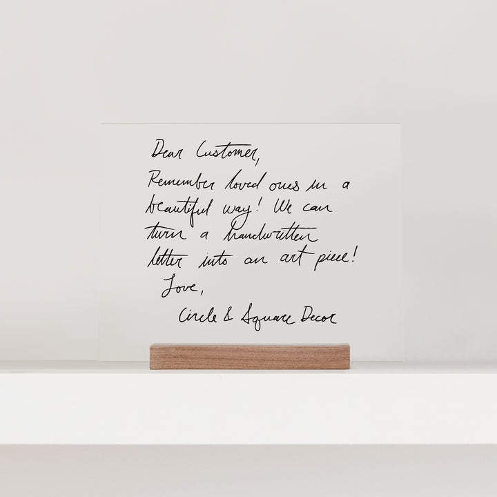 A handwriting keepsake printed on clear acrylic