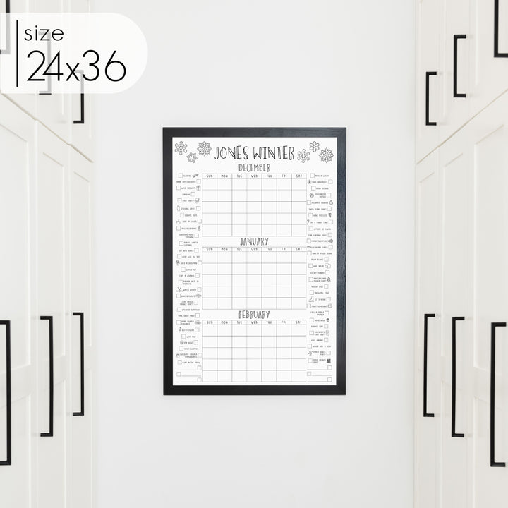 Framed 3 Month Winter Bucket List Calendar | Vertical Snowflake