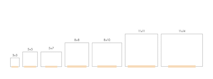 A size comparison chart showing sizes from 3x3 to 11x14