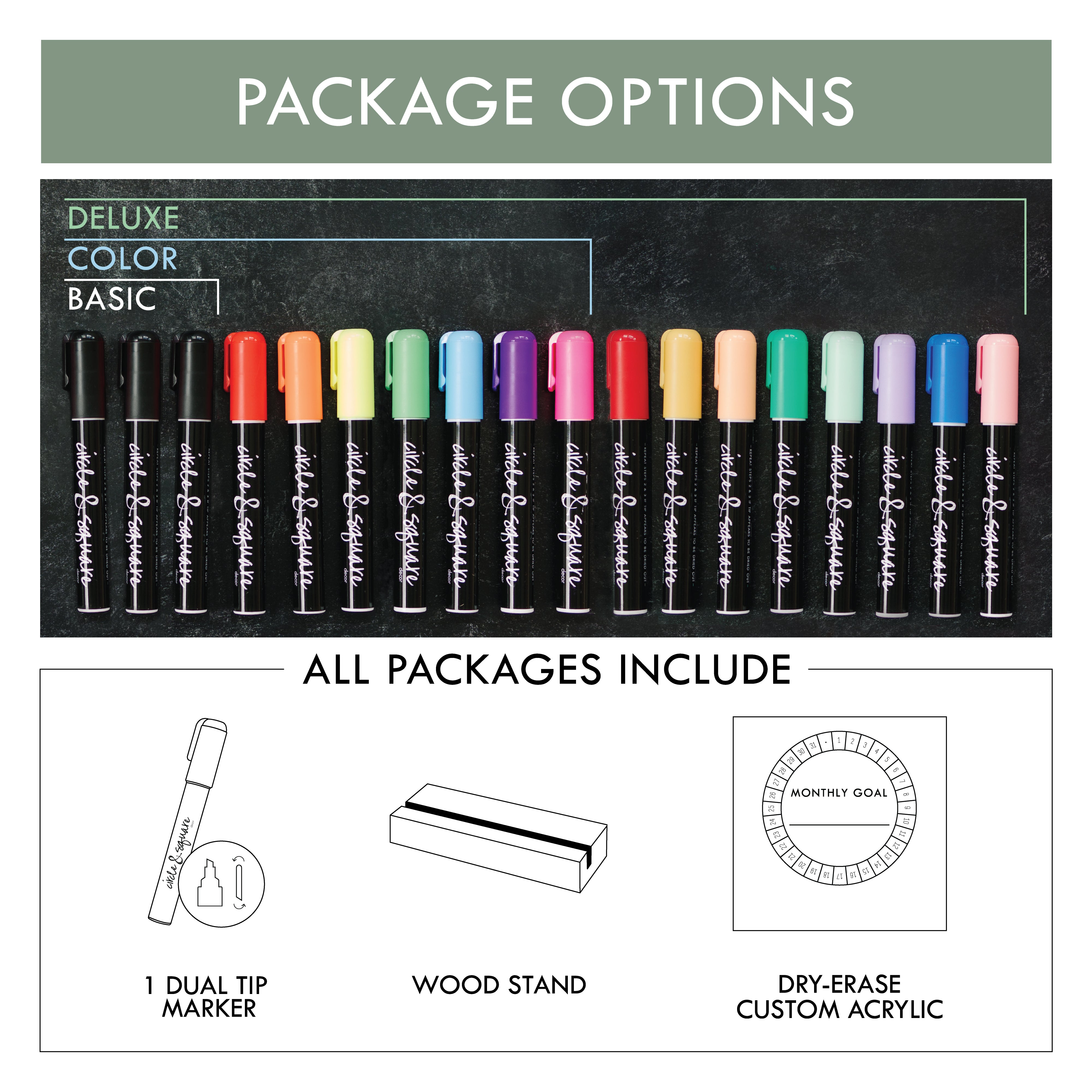 A chart showing package options. Each package comes with 1 marker, a wooden stand, and a personalized acrylic. Additional options include basic, color, and deluxe marker upgrades.