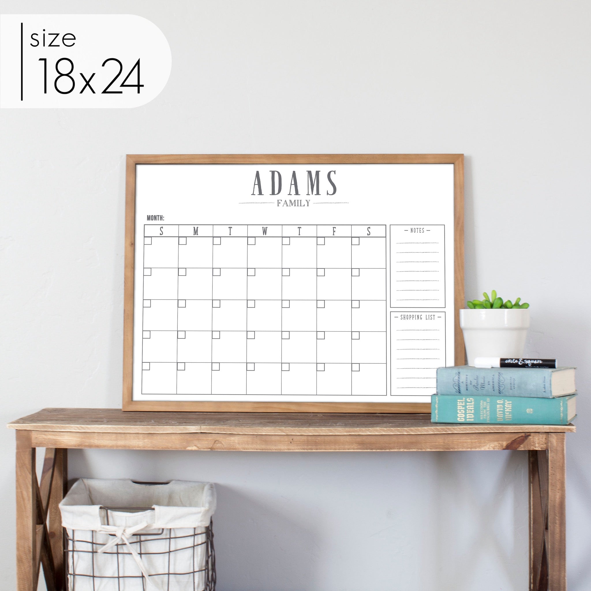 Monthly Framed Whiteboard Calendar + 2 sections | Horizontal Swanson