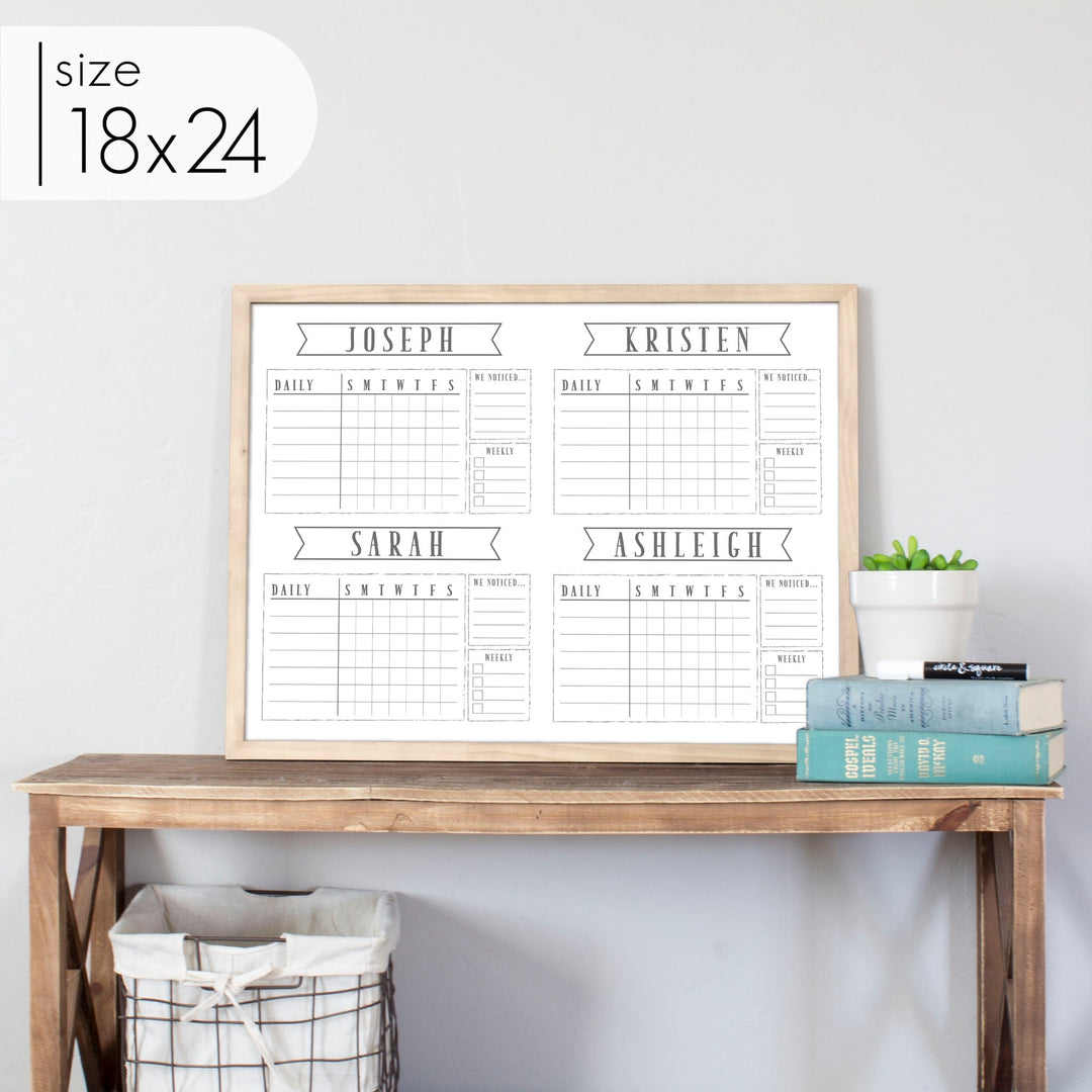 4 Person Framed Chore Chart Whiteboard | Horizontal Swanson