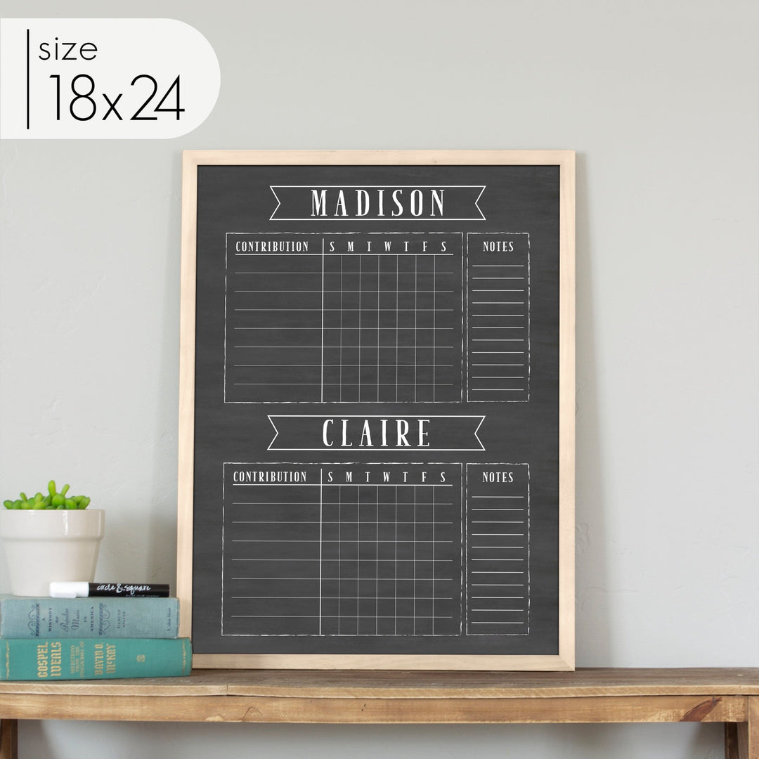 2 Person Framed Chalkboard Chore Chart  | Vertical Swanson