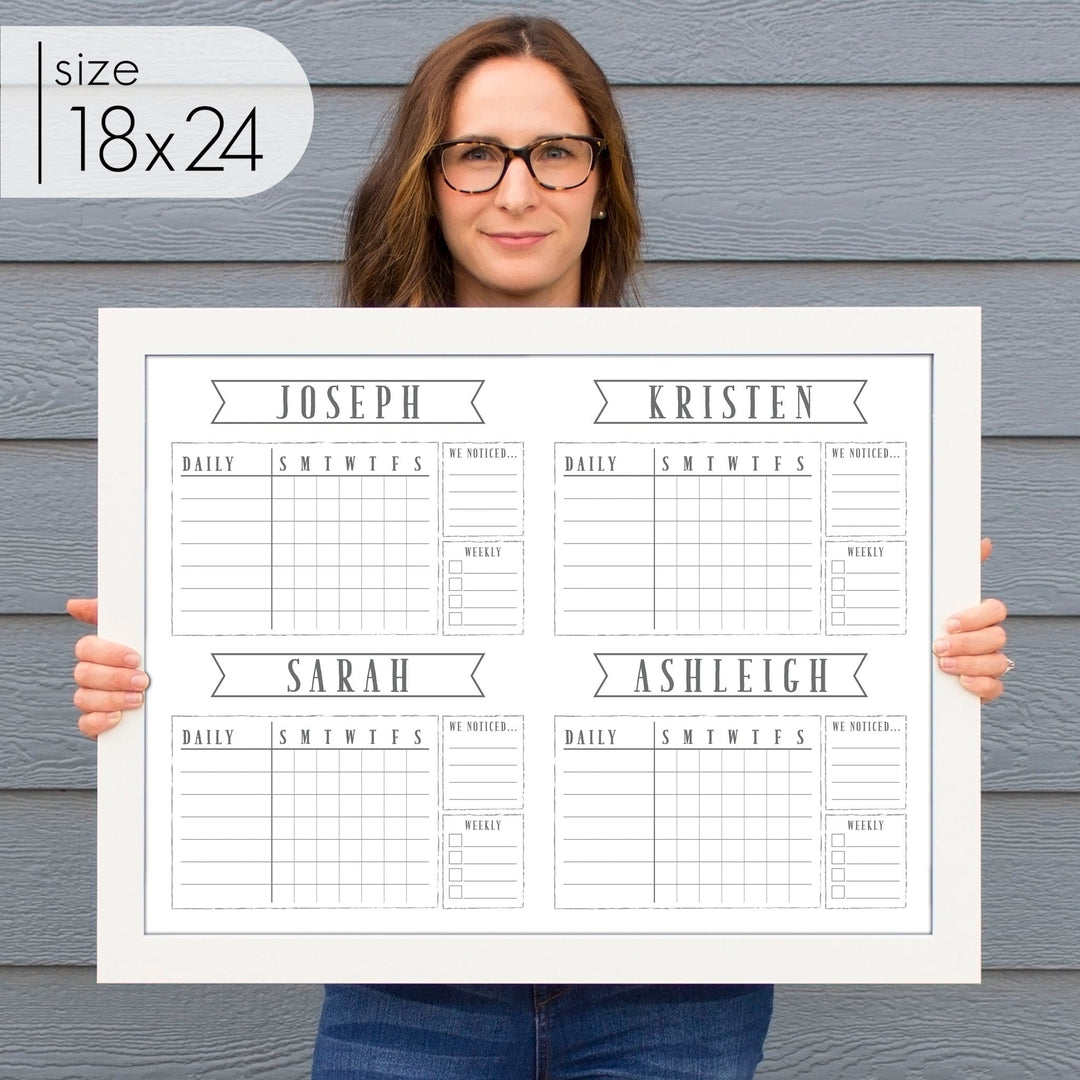 4 Person Framed Chore Chart Whiteboard | Horizontal Swanson
