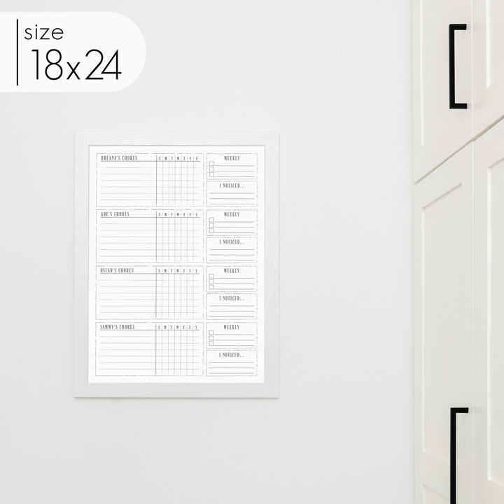4 Person Framed Whiteboard Chore Chart  | Vertical Swanson