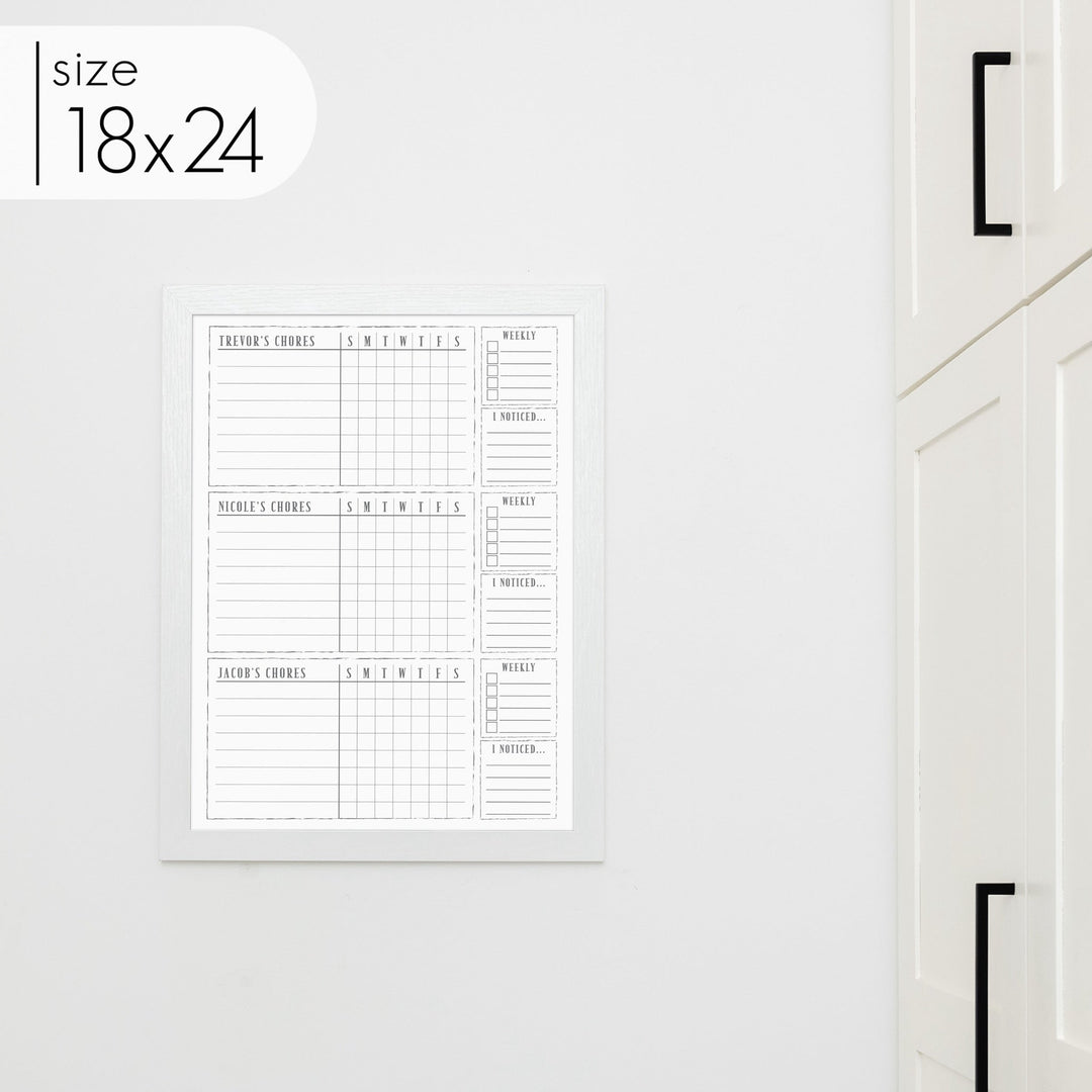 3 Person Framed Whiteboard Chore Chart  | Vertical Swanson