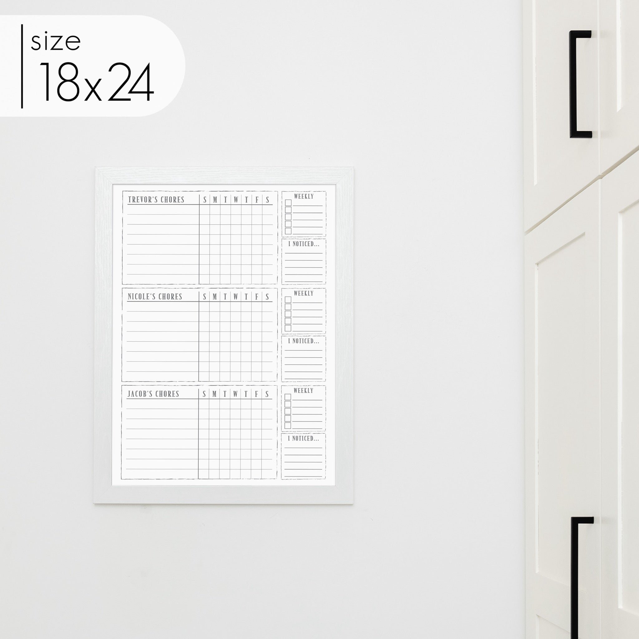 3 Person Framed Whiteboard Chore Chart  | Vertical Swanson