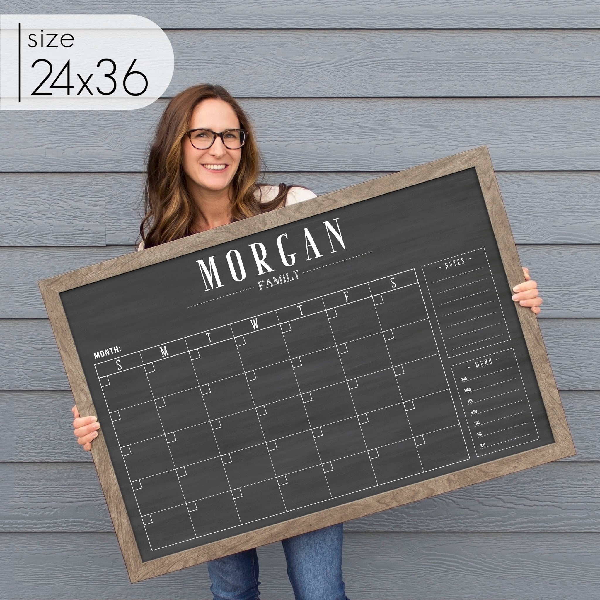 Monthly Framed Chalkboard Calendar + 2 sections | Horizontal Swanson