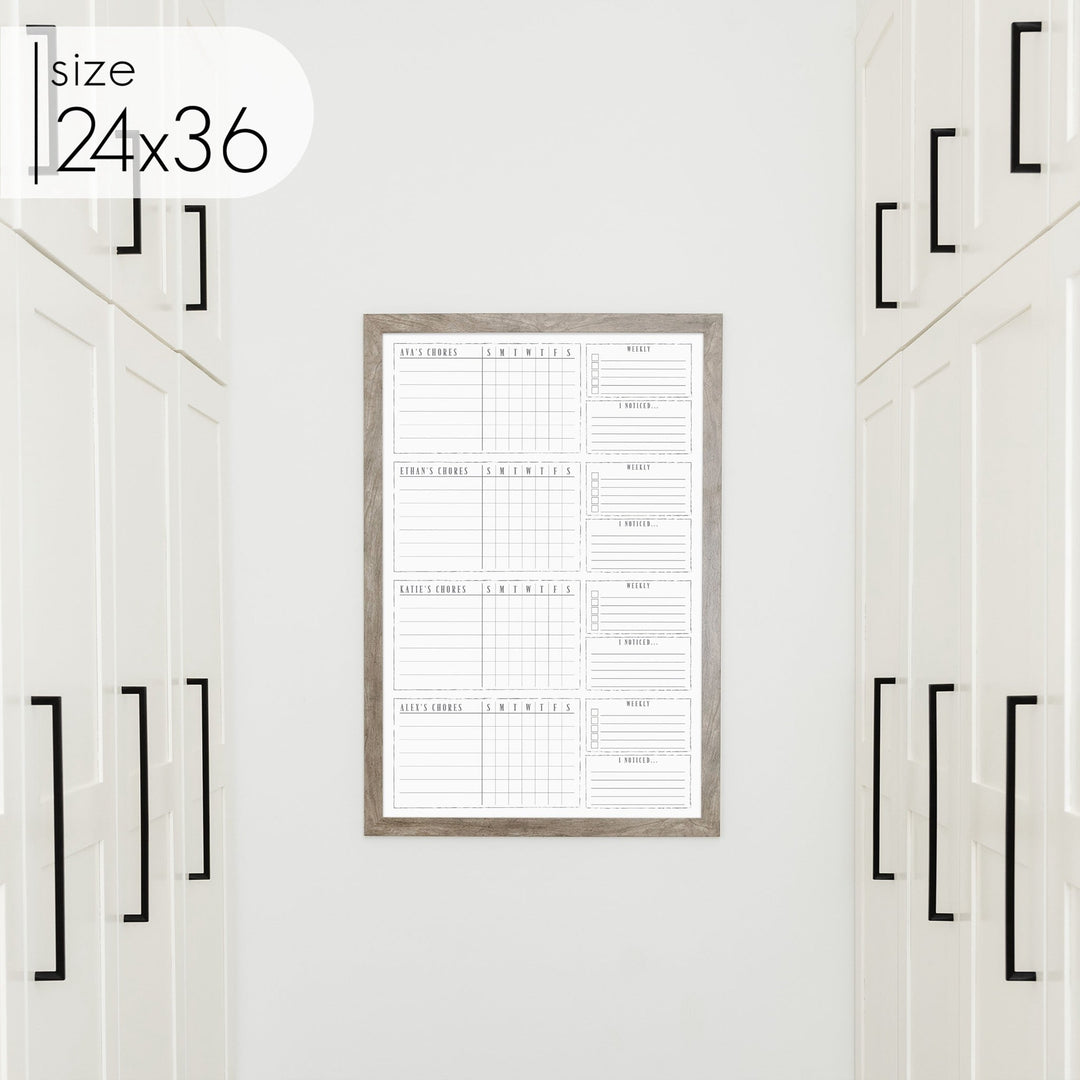 4 Person Framed Whiteboard Chore Chart  | Vertical Swanson
