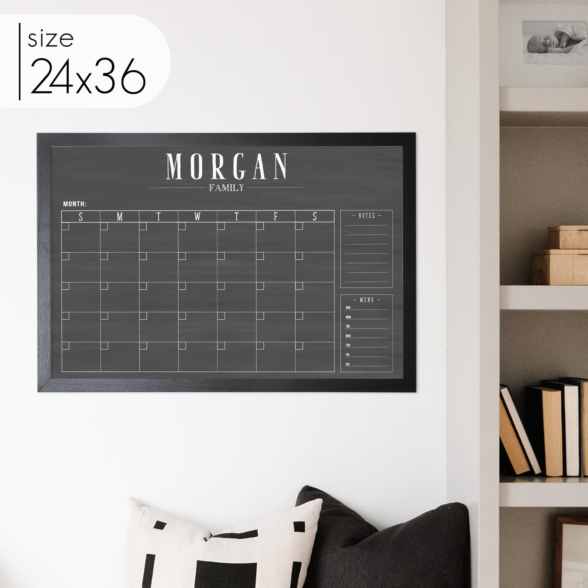 Monthly Framed Chalkboard Calendar + 2 sections | Horizontal Swanson