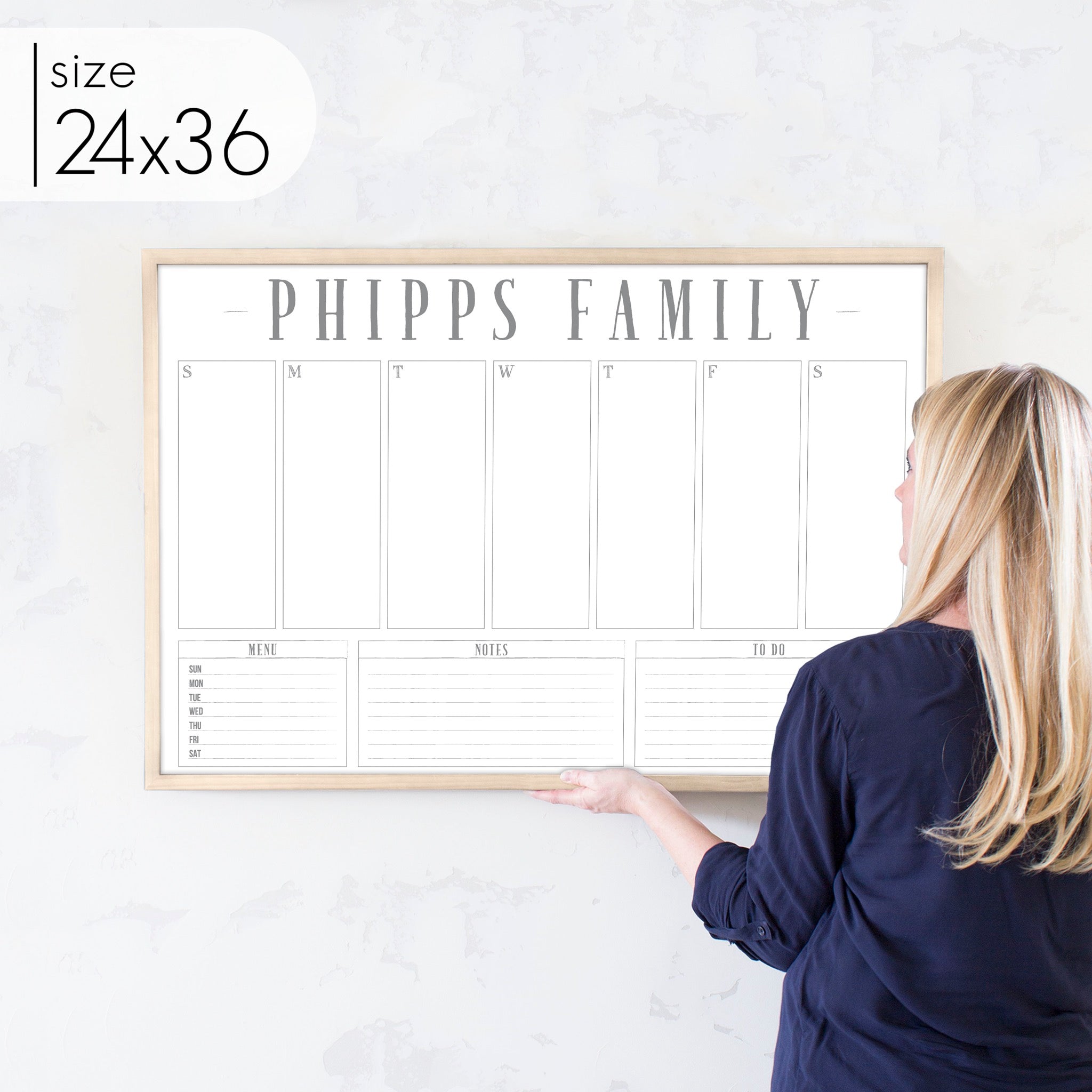 Weekly Framed Whiteboard Calendar + 3 sections | Horizontal Swanson