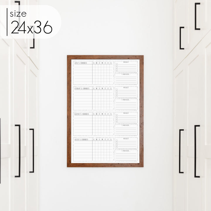 4 Person Framed Whiteboard Chore Chart  | Vertical Swanson