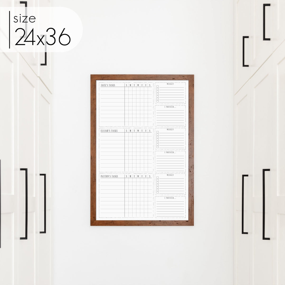 3 Person Framed Whiteboard Chore Chart  | Vertical Swanson