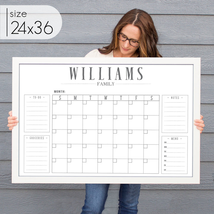 Monthly Framed Whiteboard Calendar + 4 sections | Horizontal Swanson