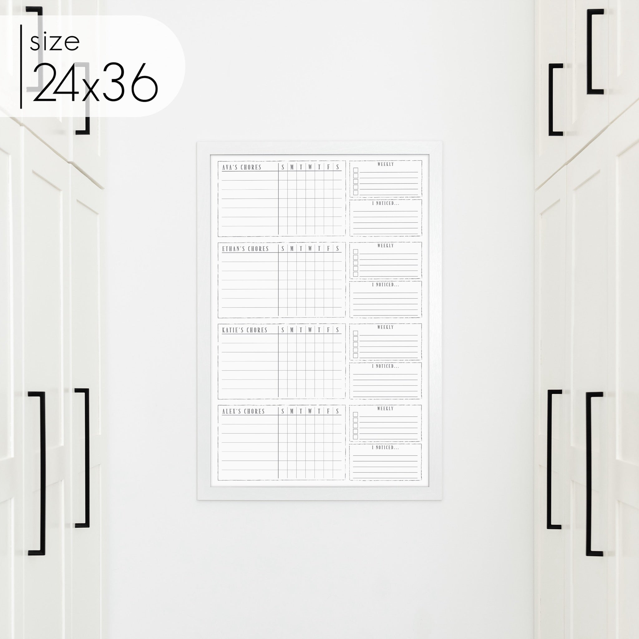 4 Person Framed Whiteboard Chore Chart  | Vertical Swanson