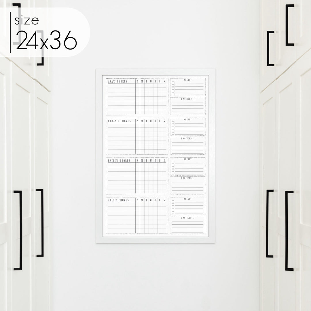 4 Person Framed Whiteboard Chore Chart  | Vertical Swanson