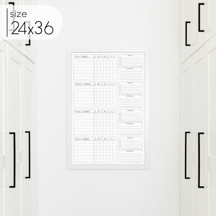 4 Person Framed Whiteboard Chore Chart  | Vertical Swanson