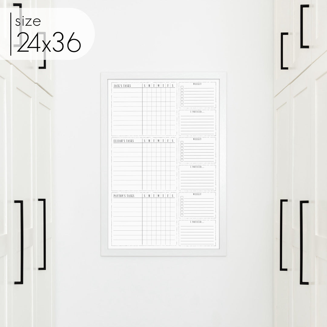 3 Person Framed Whiteboard Chore Chart  | Vertical Swanson