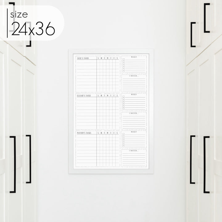 3 Person Framed Whiteboard Chore Chart  | Vertical Swanson