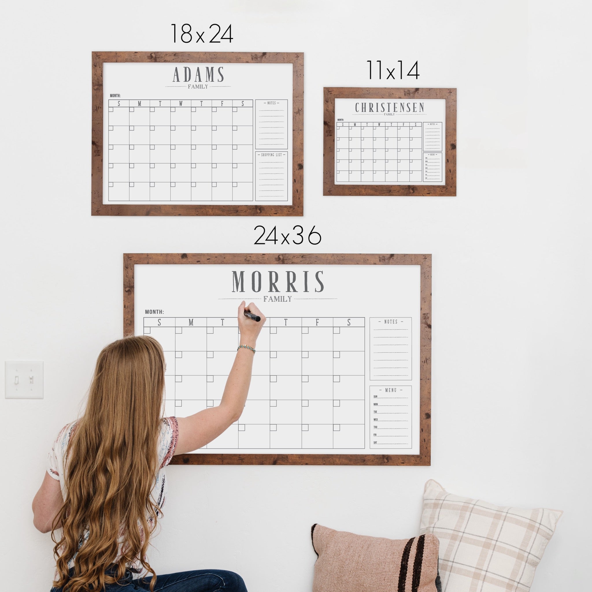 Monthly Framed Whiteboard Calendar + 2 sections | Horizontal Swanson