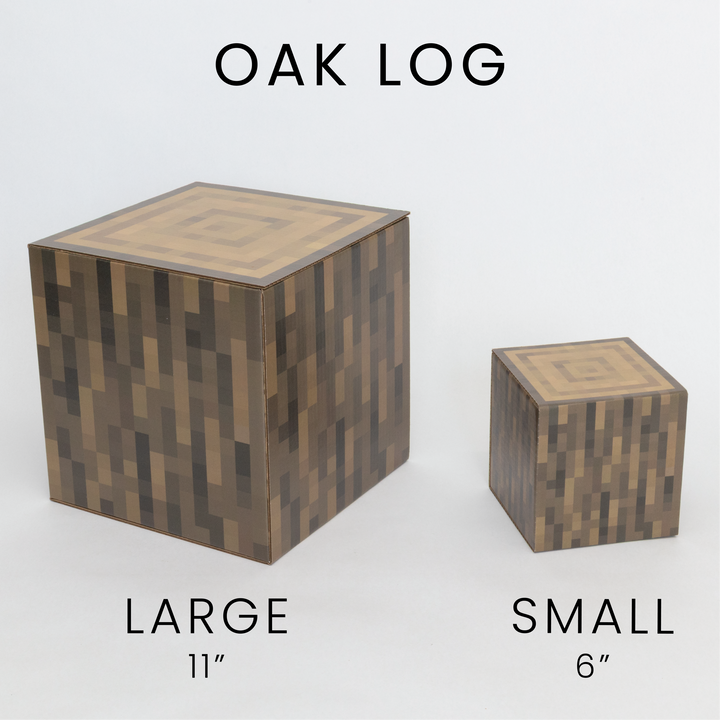 Oak log large and small cardboard pixel cubes.