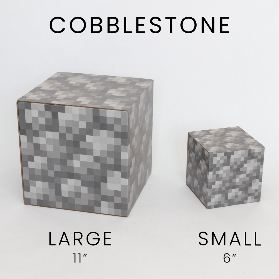 Cobblestone large and small cardboard pixel cubes.