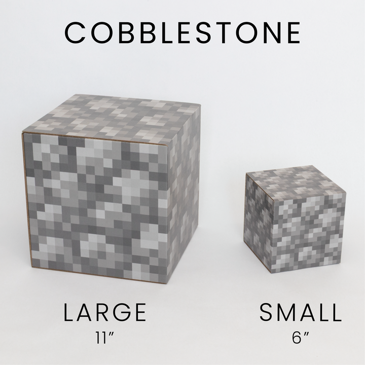 Cobblestone large and small cardboard pixel cubes.