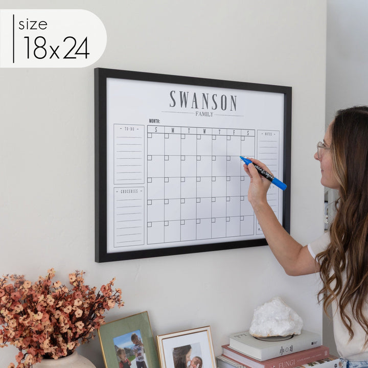 Monthly Framed Whiteboard Calendar + 4 sections | Horizontal Swanson