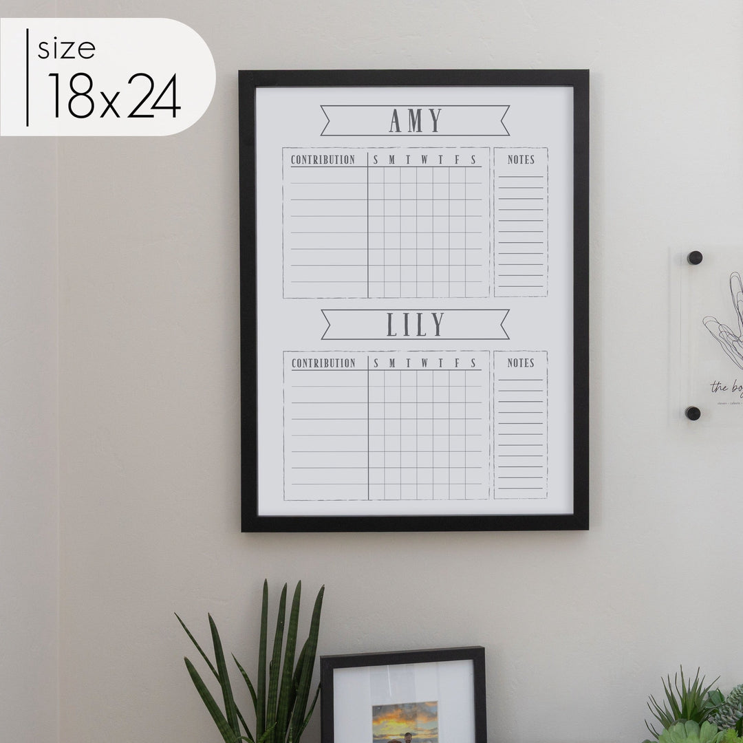 2 Person Framed Whiteboard Chore Chart  | Vertical Swanson