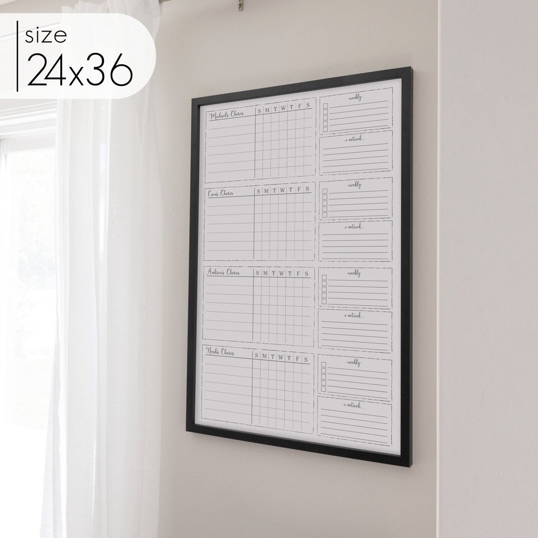 4 Person Framed Whiteboard Chore Chart  | Vertical Knope