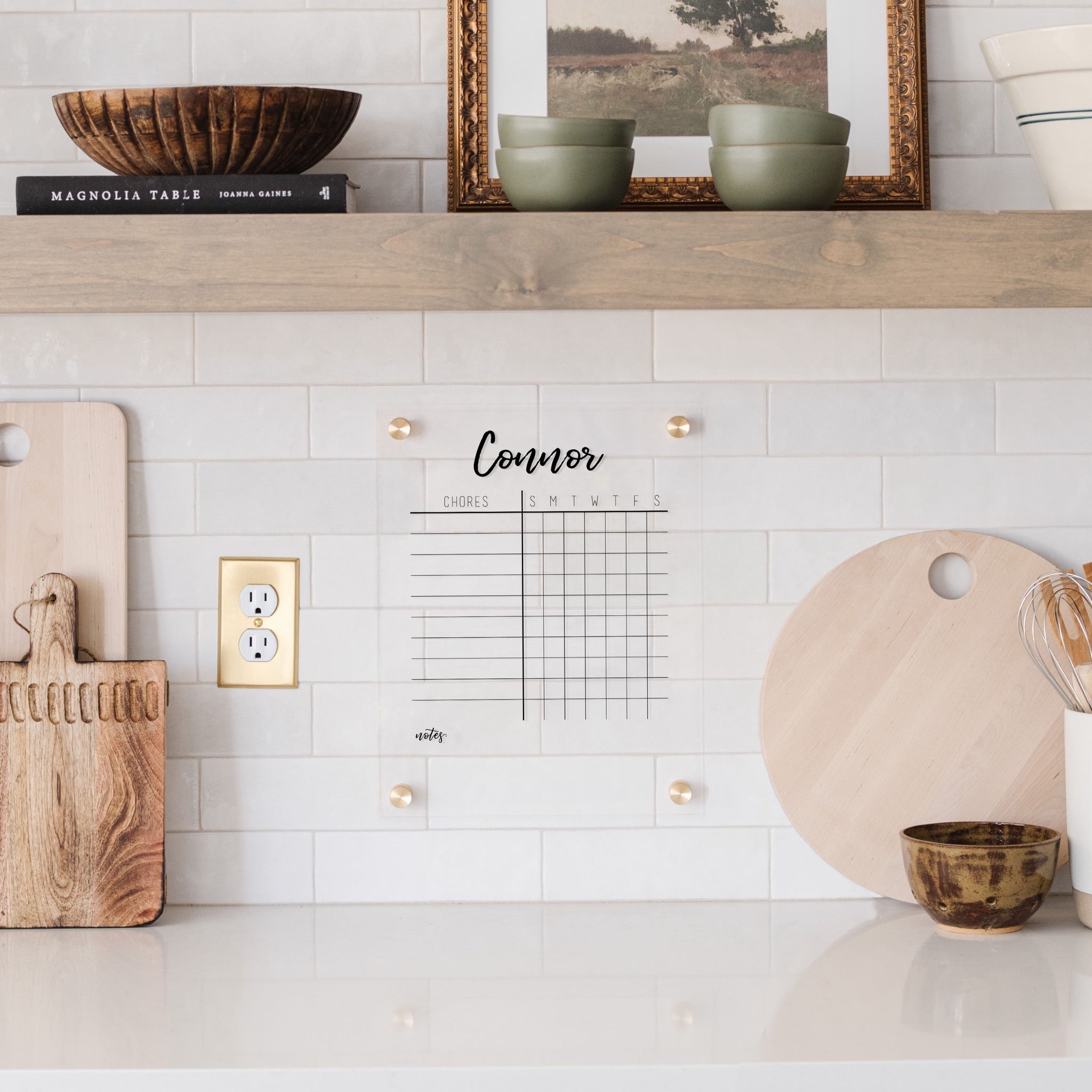 A Dry-erase acrylic chore chart hanging on the wall