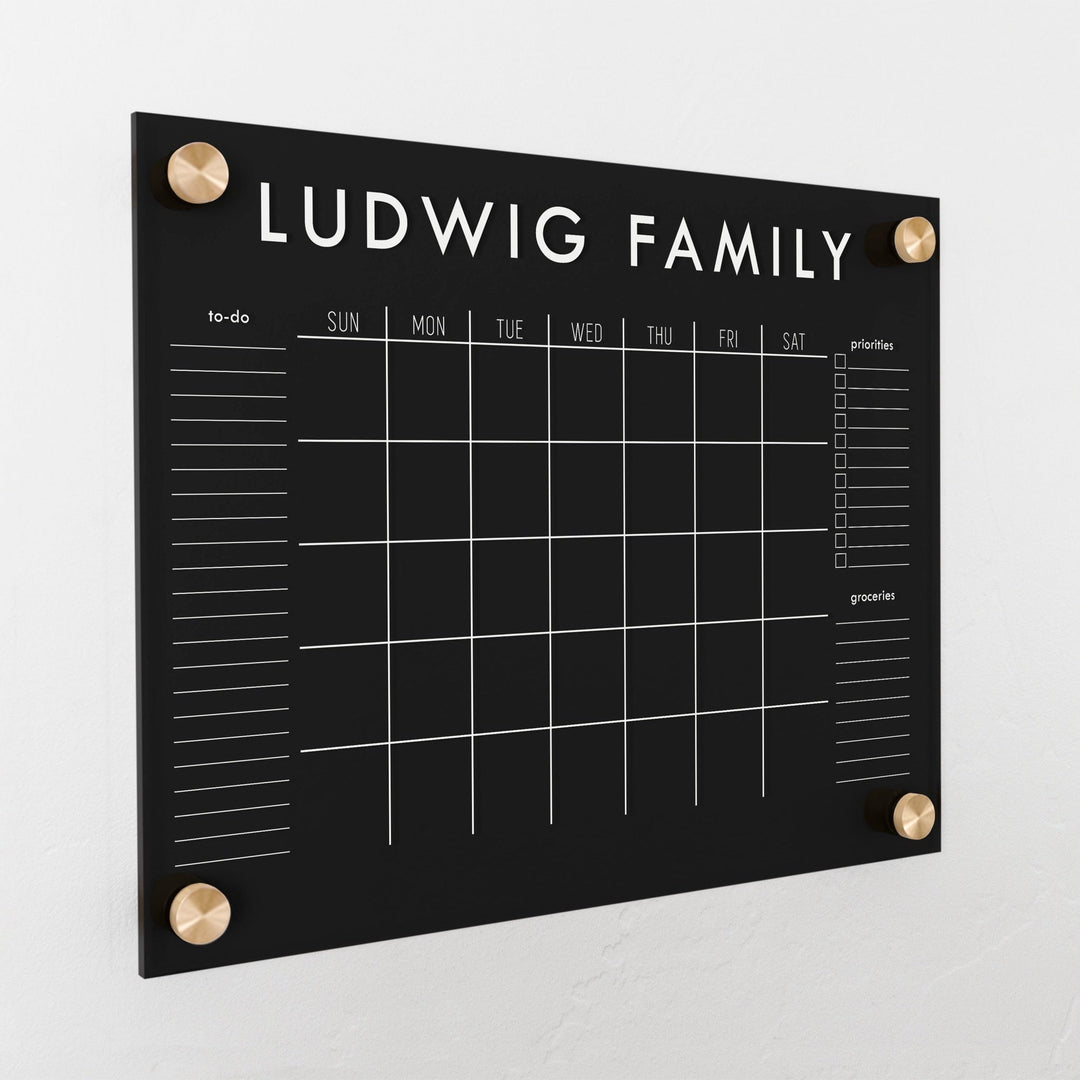 Monthly Black Acrylic Calendar + 3 Sections | Horizontal Madi