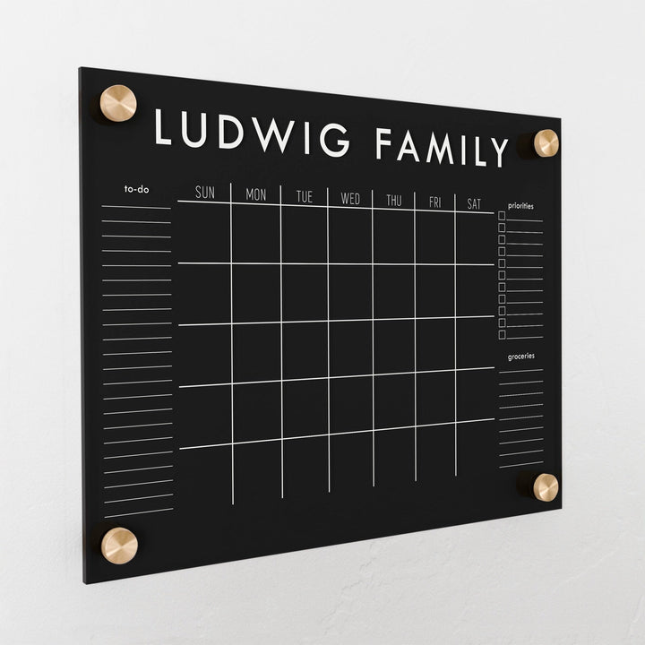 Monthly Black Acrylic Calendar + 3 Sections | Horizontal Madi