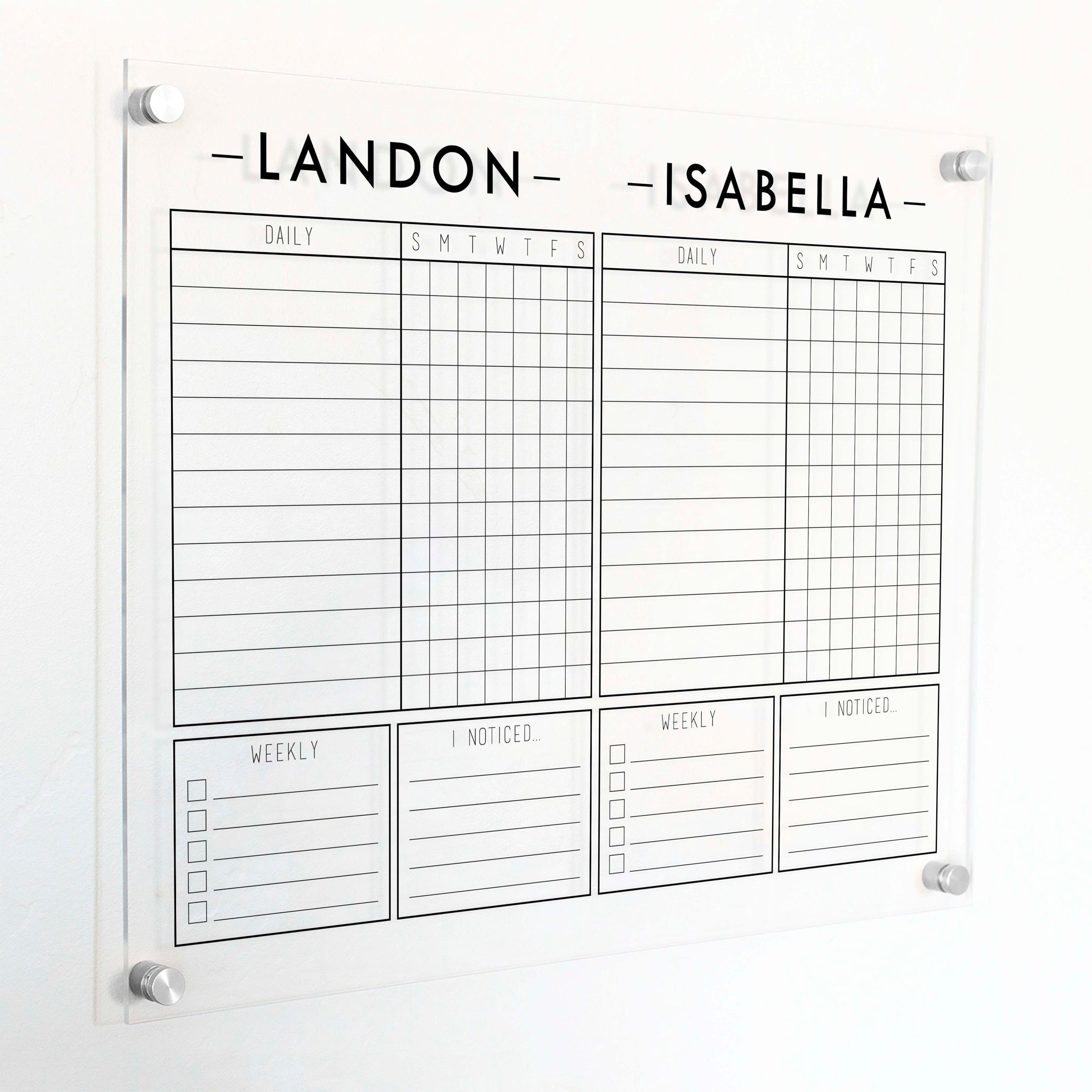 A Dry-erase acrylic chore chart hanging on the wall