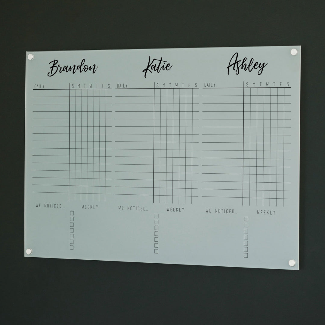 3 Person Frosted Acrylic Chore Chart | Horizontal Traeger